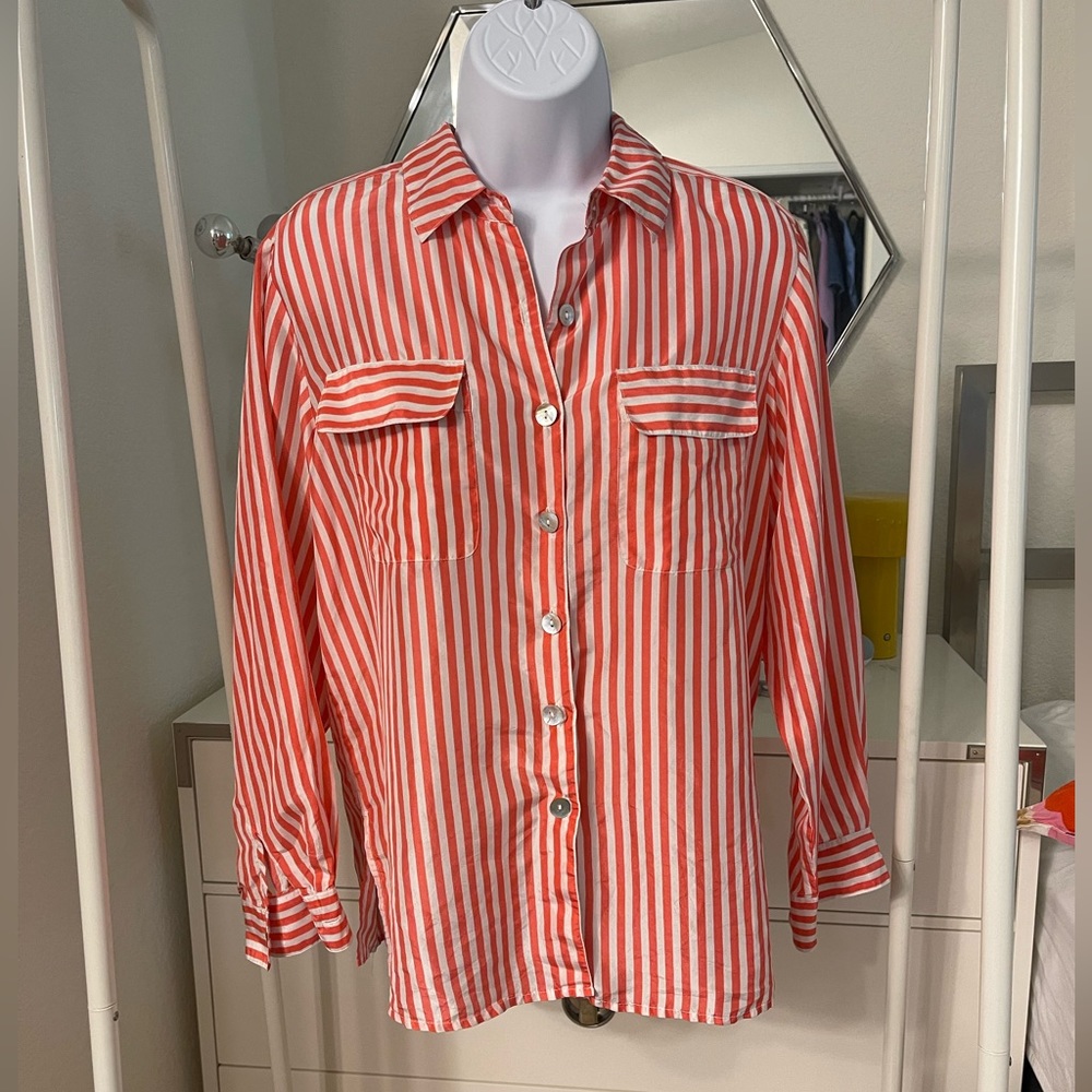 Melrose Silk Studio Vintage 100% silk red and white striped button down shirt PS